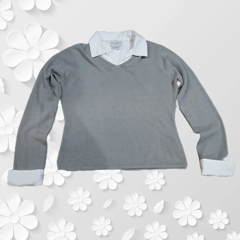 Jaclyn Smith Sweater Gray Button in Collar Cuffs Long Sleeve V Neck Casual - Picture 4 of 15